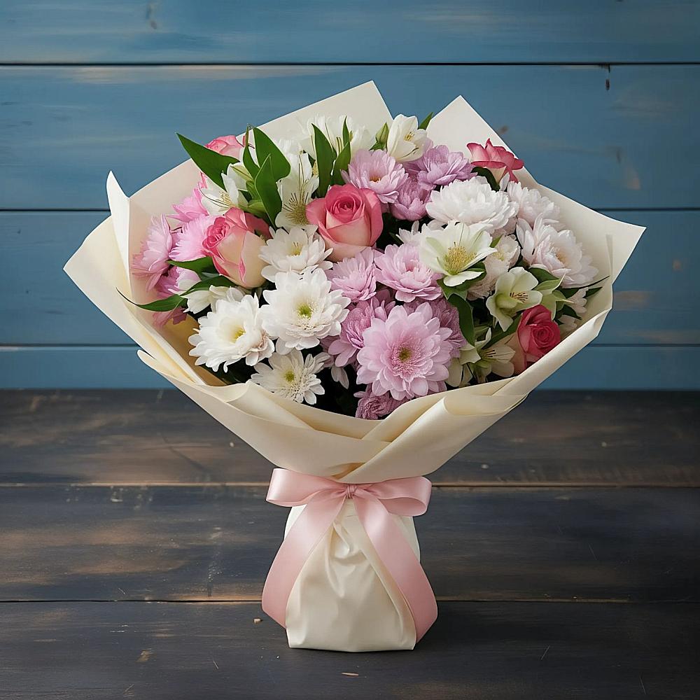 Букет цветов из: Хризантемы, Альстромерии и Розы в Кабардинской